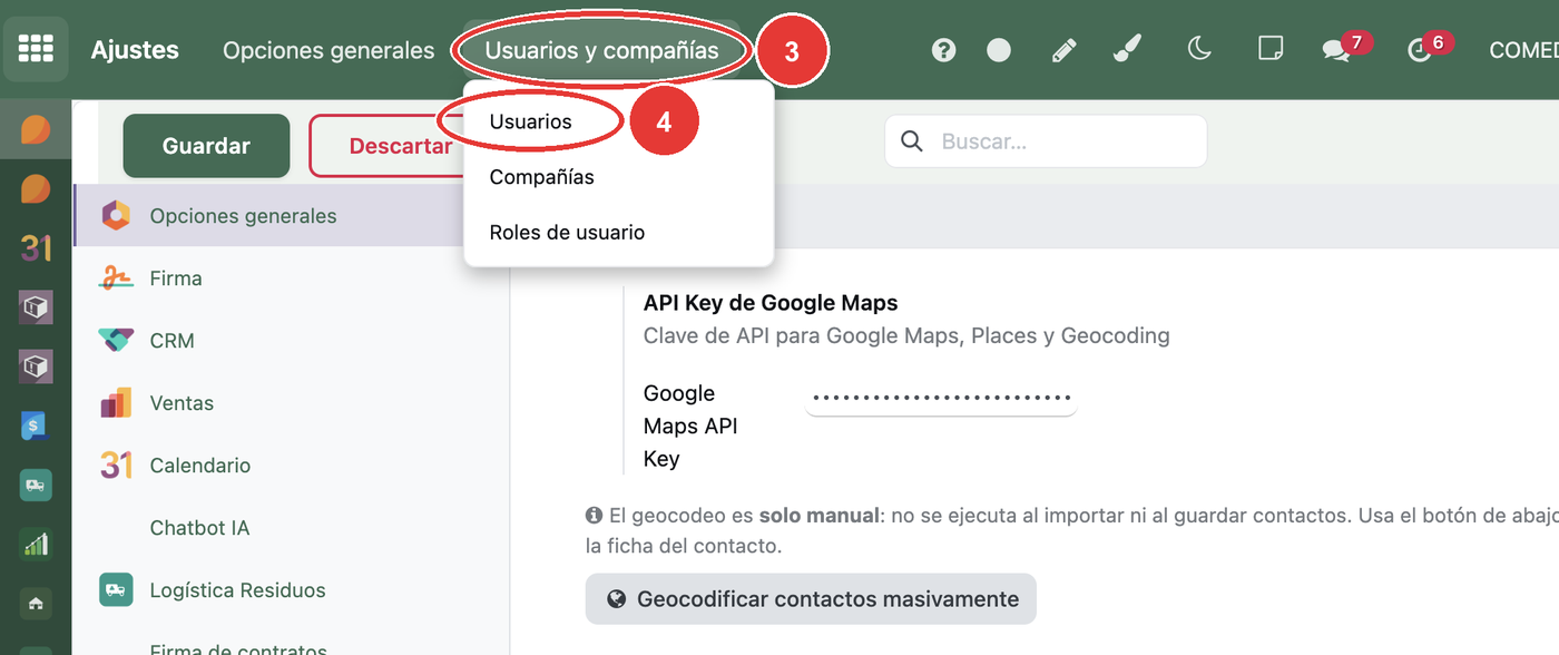 Menú Usuarios y compañías: 3 el menú, 4 Usuarios