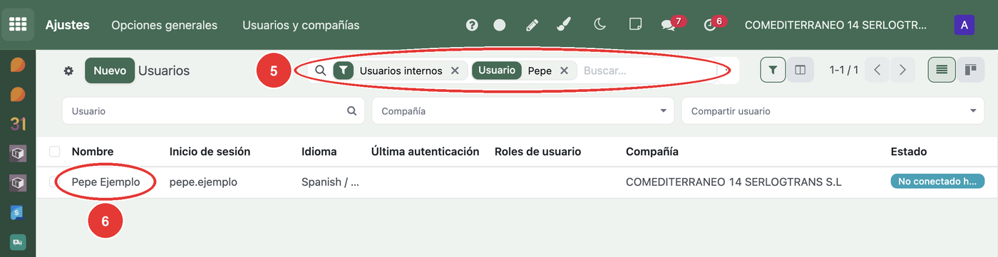 Lista de usuarios: 5 el buscador, 6 el nombre de la persona