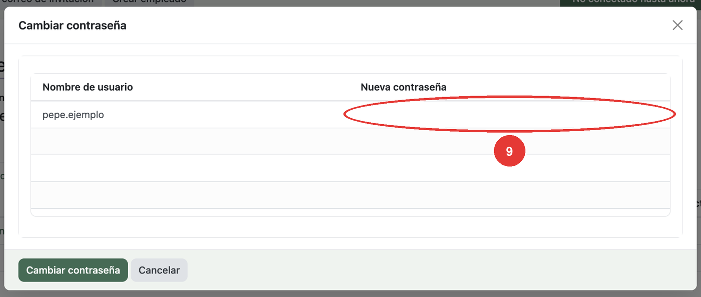 Ventana Cambiar contraseña: 9 el hueco de Nueva contraseña