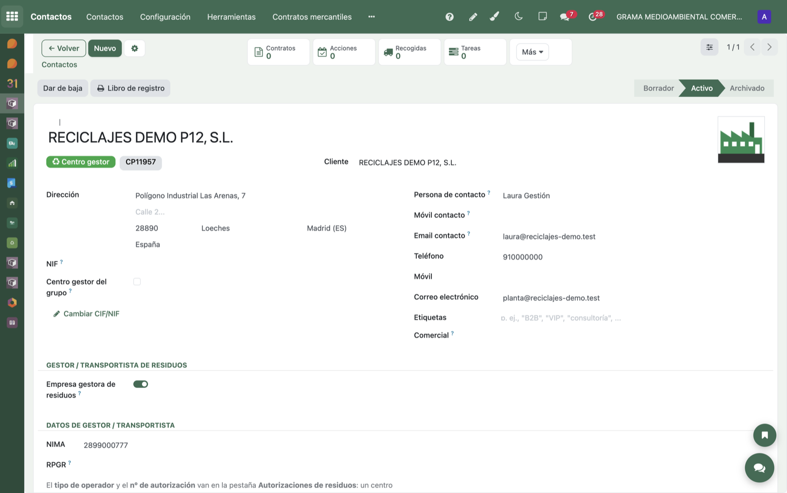 Ficha del centro gestor: etiqueta «Centro gestor» y datos de contacto