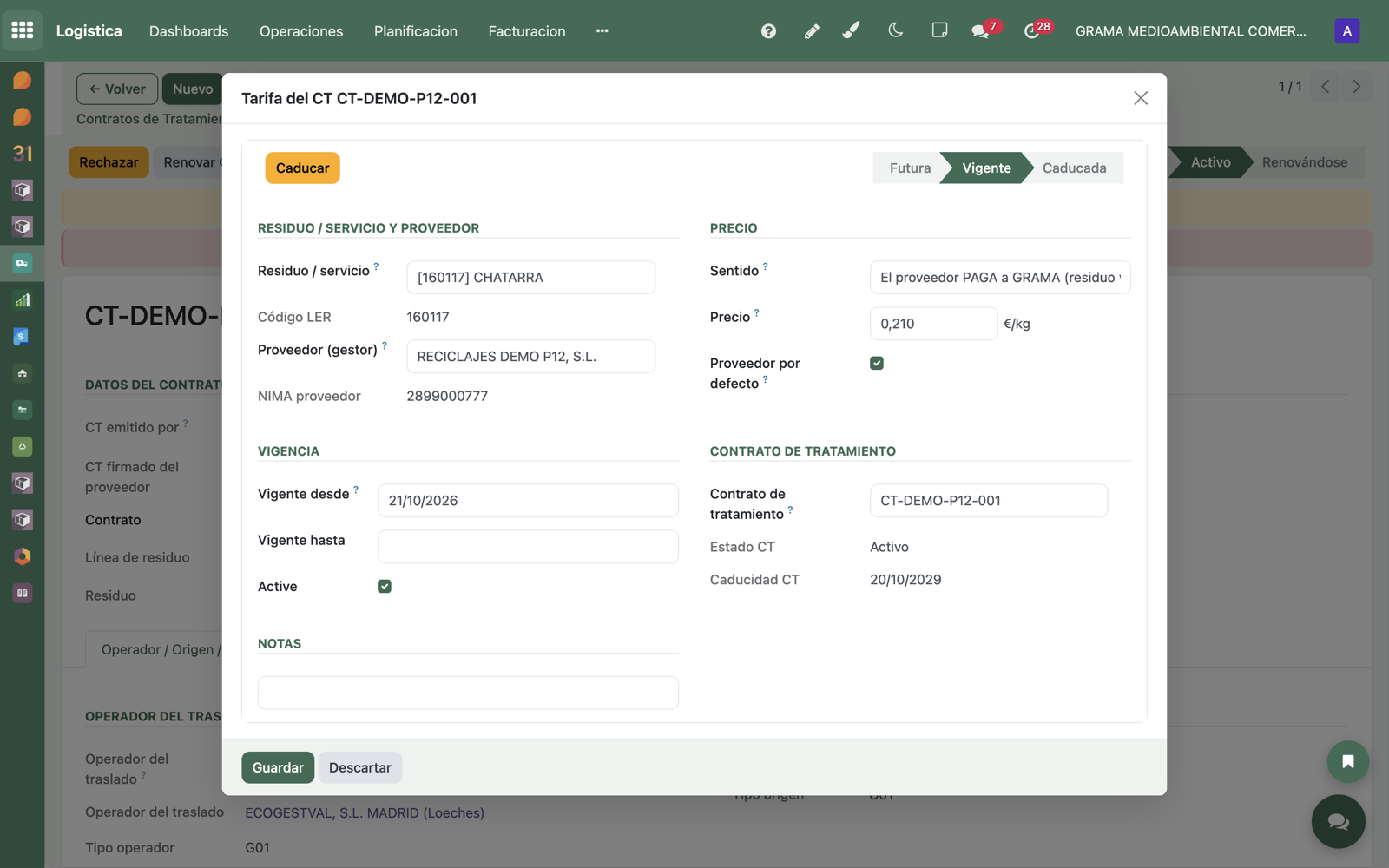 Crear la tarifa desde el CT: ya viene con residuo, gestor y CT