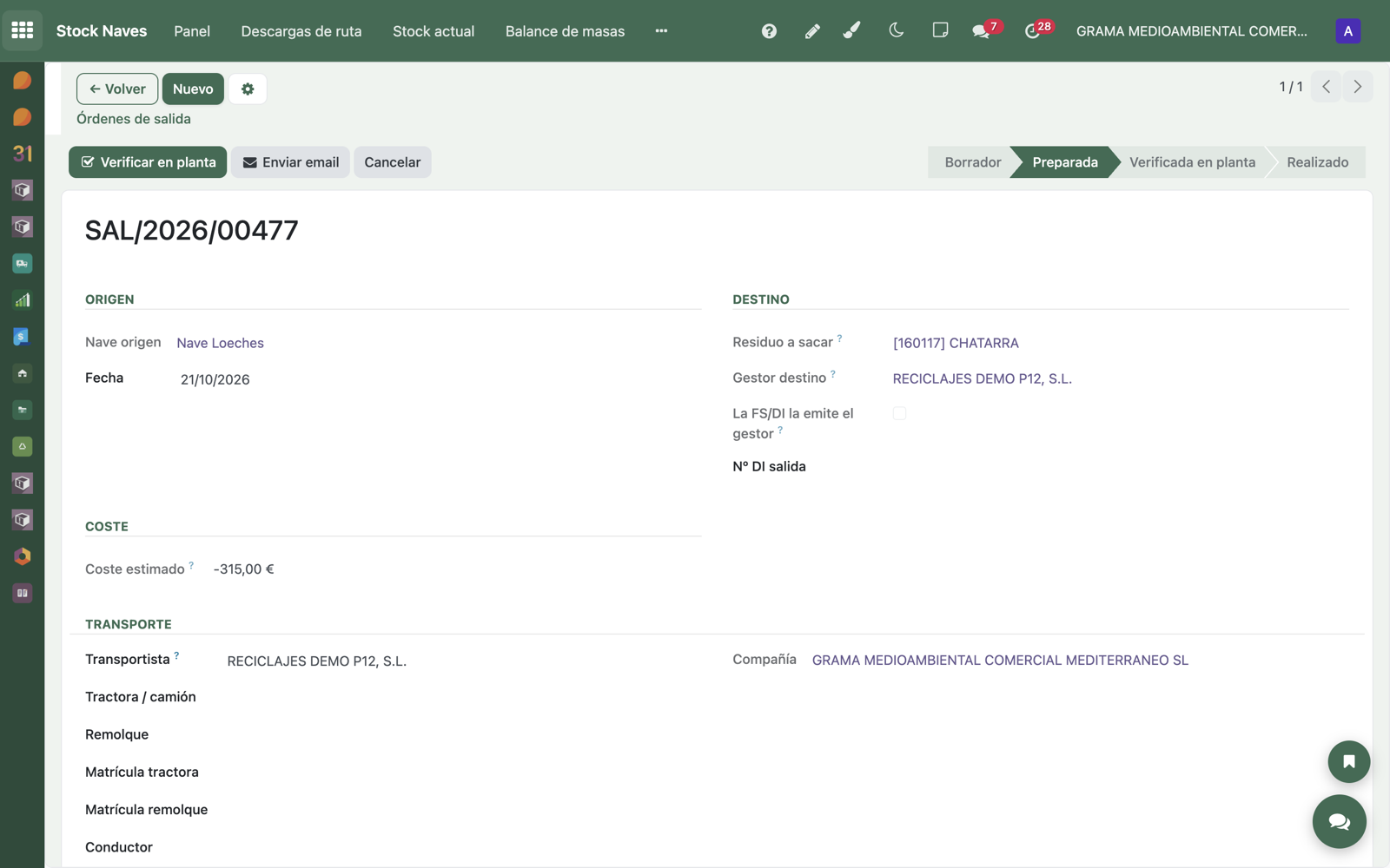 Salida preparada, con el botón «Verificar en planta»