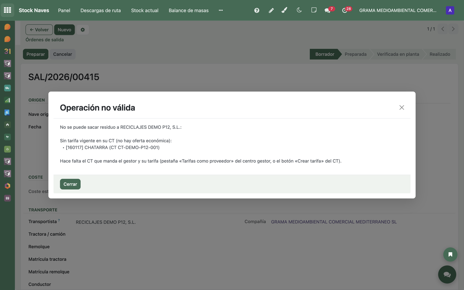 Error al preparar una salida sin tarifa: «No hay oferta económica»
