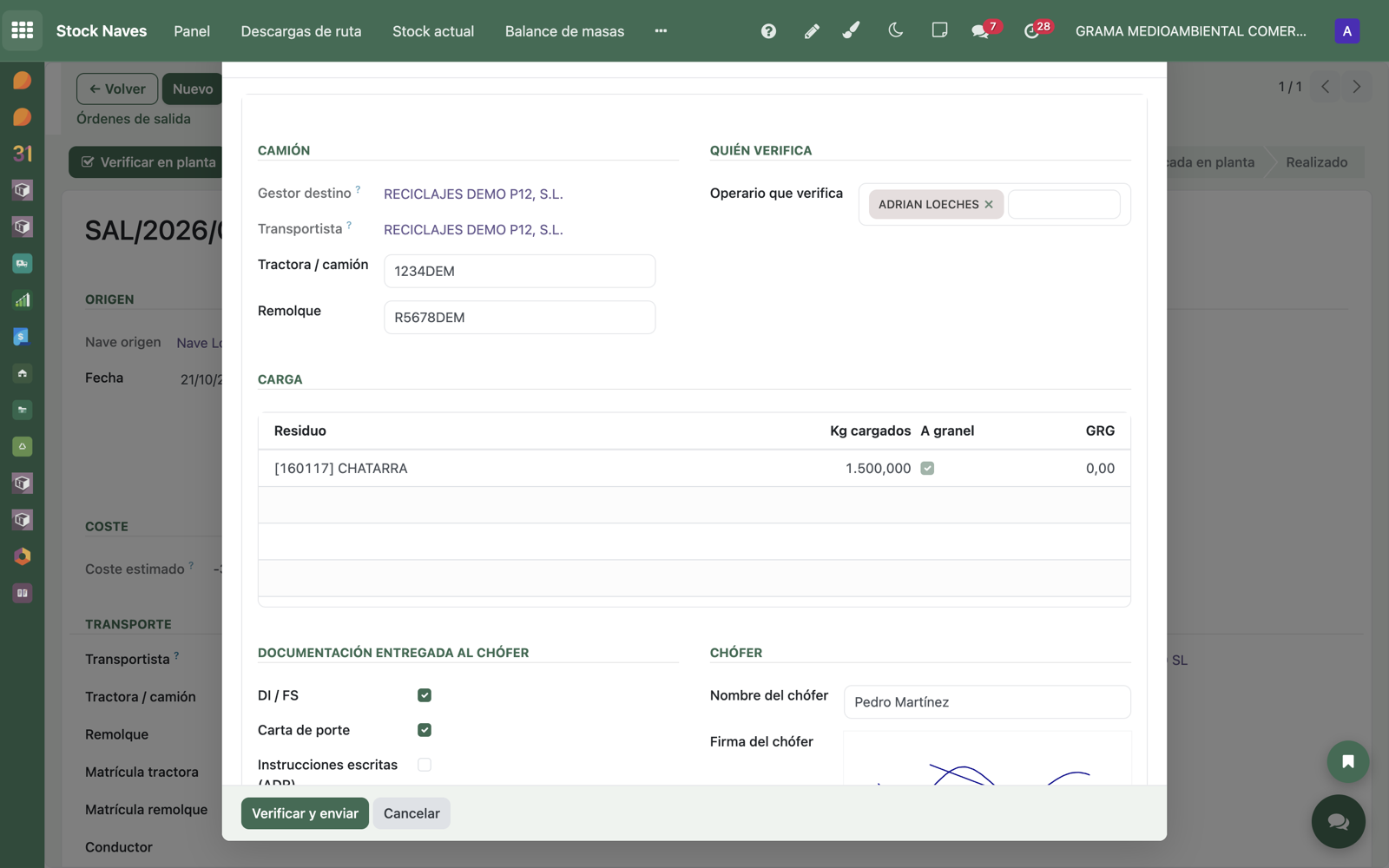 Asistente «Verificar salida en planta» en la tablet