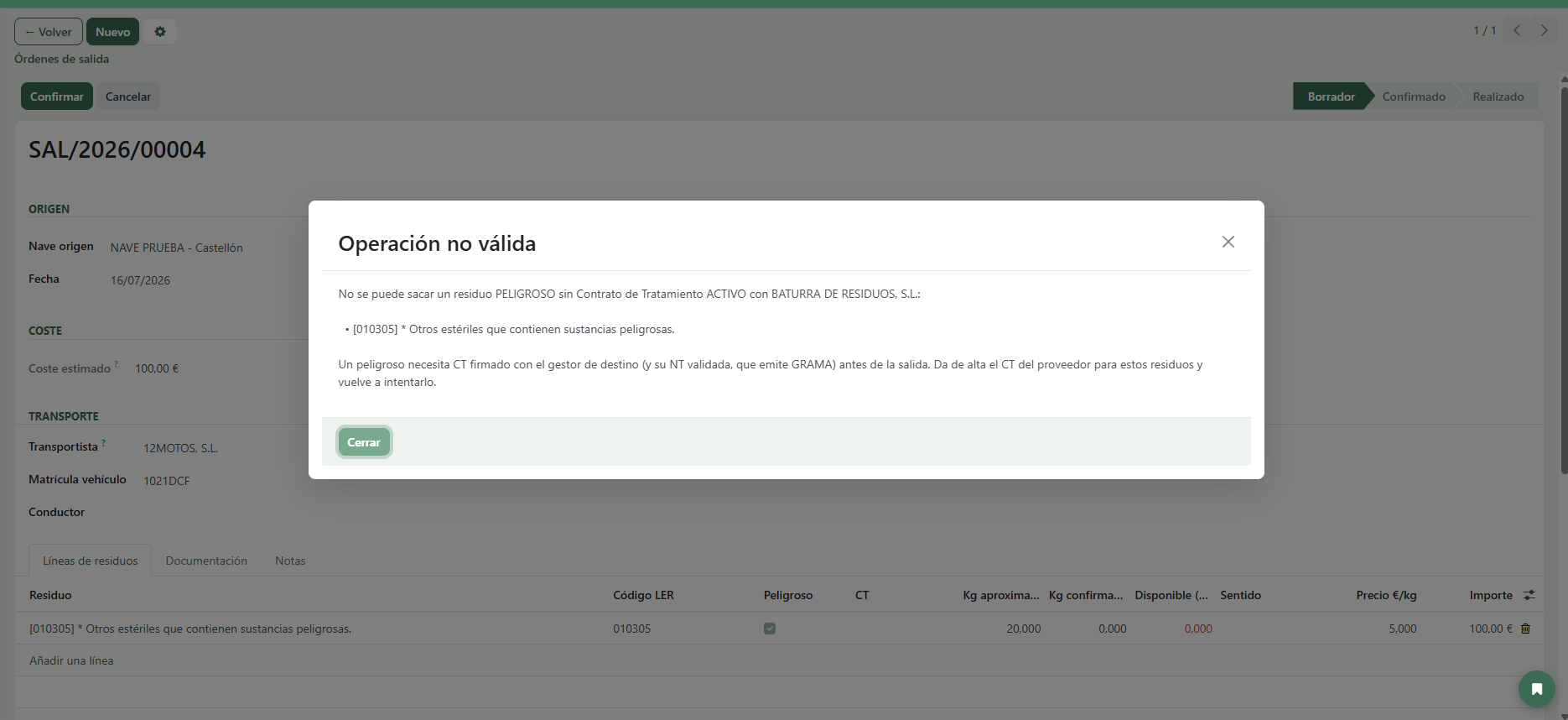 Bloqueo: no se puede sacar un peligroso sin CT activo